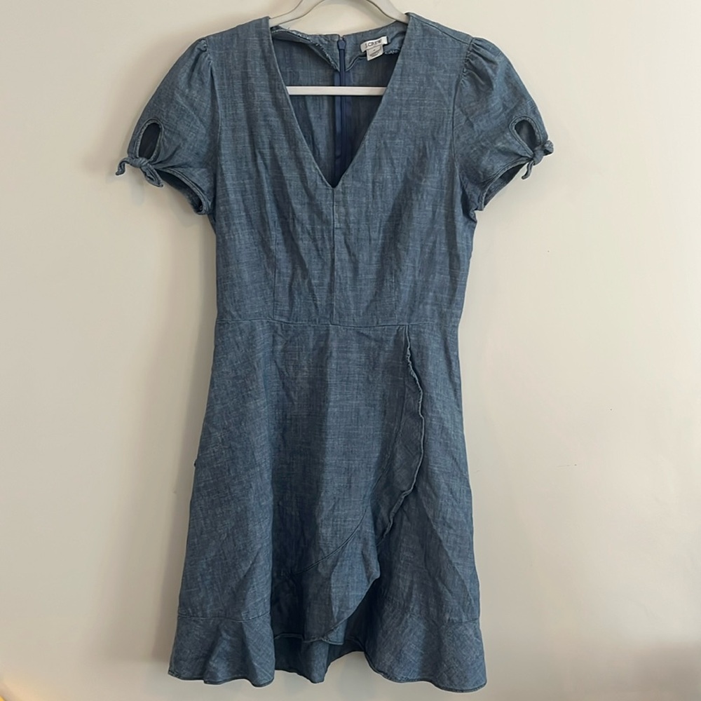 J.Crew Chambray Faux-Wrap Dress Ruffle Denim Spring Summer 4 Tie‎ Cottagecore